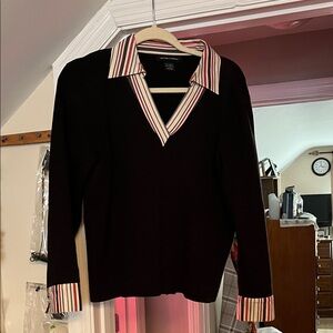 Elegant Black V-Neck Sweater with Striped Accents